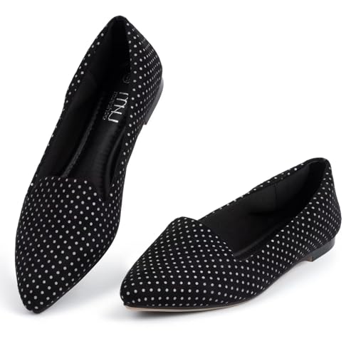 Image of MUSSHOE Black Flats for Women Pointed Toe-Comfortable Business Casual Work Shoes, Dressy Suede Slip On with Memory Foam for Office, Teacher & Standing All Day