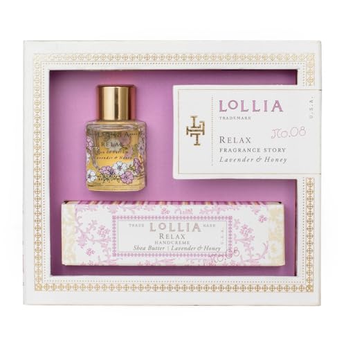 Lollia Relax Fragrance Story Gift Set – .16 fl. oz. Eau de Parfum & .33 oz. Petite Treat Handcreme – Lavender & Honey – Shea Butter Hand Cream for Women