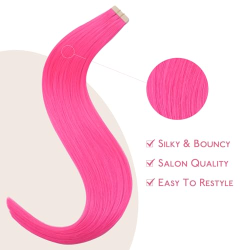 Image of WENNALIFE Tape in Hair Extensions Human Hair Hot Pink Tape in Extensions, 10pcs 30g 26 inch Remy Invisible Tape Ins Straight Colored Soft Real Human Hair Tape in Extensions Refill Set Extensions