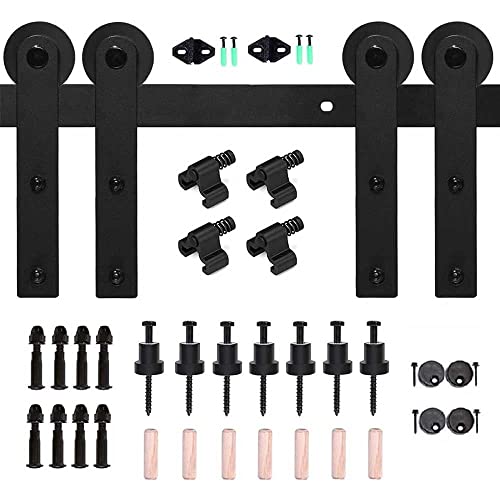 Image of CCJH 8.2FT Sliding Barn Door Hardware Kit, Heavy Duty, Smoothly and Silently, Easy to Install, Fit 24.6 inch Width Double Door Panel, I Shaped Hangers Black