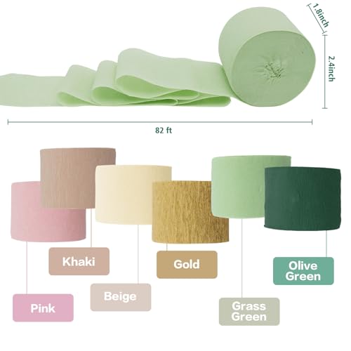 Image of Crepe Paper Streamers Party Decorations - 6 Rolls Grass Green Gold Pink Olive Green Beige Khaki Streamers, Crepe Paper Rolls for Birthday Wedding Party