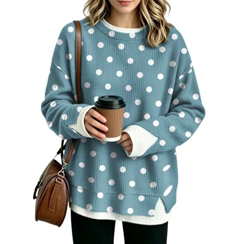 Waffle Knit Crew Neck Sweatshirts Women Oversized Polka Dot Layered Tops - image 2