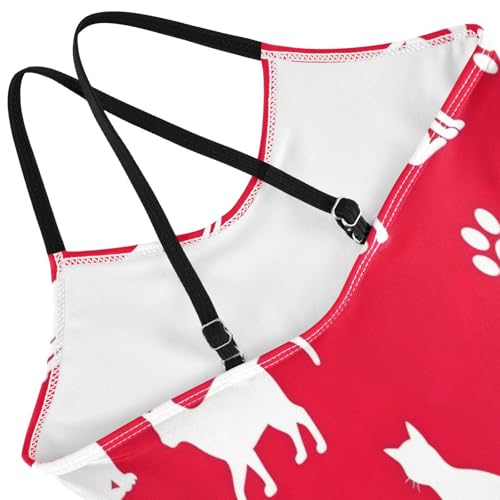 Kids Swim Suits Beach Apparel 3-10 Y with Adjustable Shoulder Strap, White Cat Paw Prints Red4
