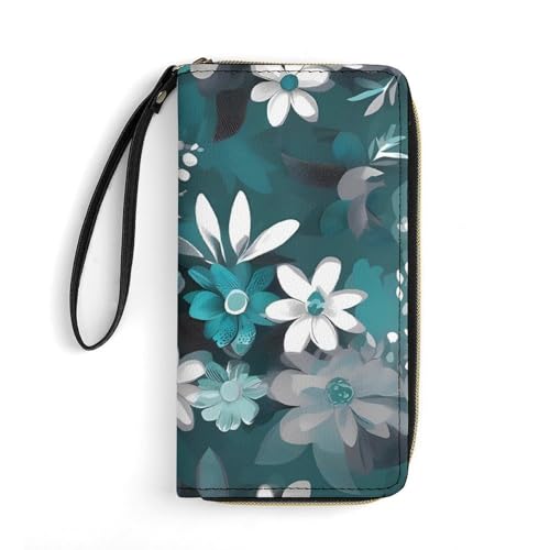 Women Wallets Teal Grey And White Floral_76917038 Leather Wallet for Women Thin Wallet with Zipper Pocket Card Holder