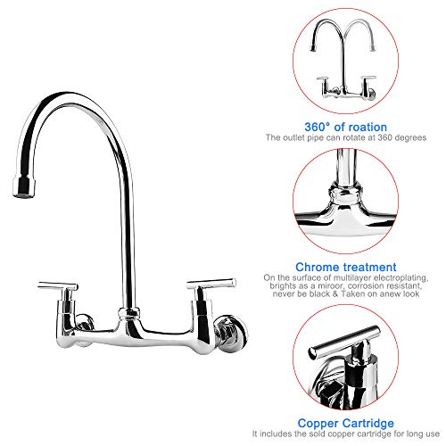 8 Inch Center Wall Mount Faucet, 2-Handles Commercial Kitchen Sink Faucet With 8" Gooseneck Swivel Spout For Utility Sink & Restaurant Industrial Faucet, Chrome Finish #TOP3