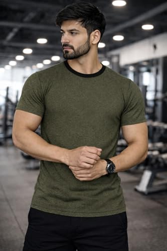 Image of Men's Solid Gym T-Shirt | Slim Fit Gym & Training Tee | Breathable Stretch Fabric | Round Neck Sports Wear for Workout