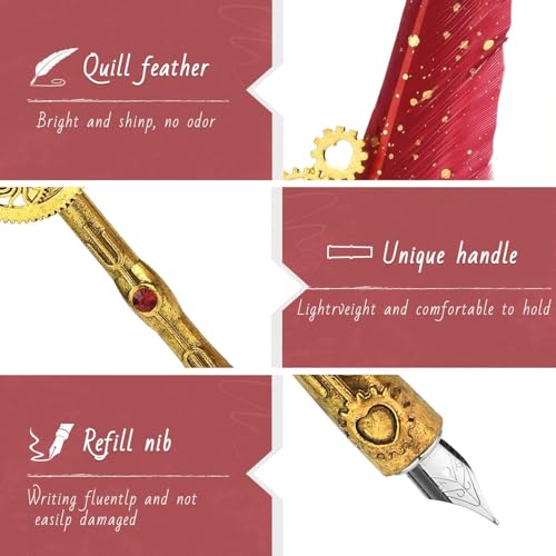 Image of PLUSPOINT Vintage Quill Pen & Ink Set Elegant Writing Luxury Fountain Calligraphy Ink Pen Set with Diary Wax for Stamp Retro Decor Dip Pen Office Stationery Corporate Gifting for Signature,Multicolor