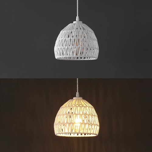 Image of JONATHAN Y 8.25 inch White Modern Bohemian Woven Rope LED Pendant Light Fixture, Adjustable Dome Ceiling Lamp for Kitchen Island, Rope Shade, Coastal Farmhouse Decor (JYL6512A)