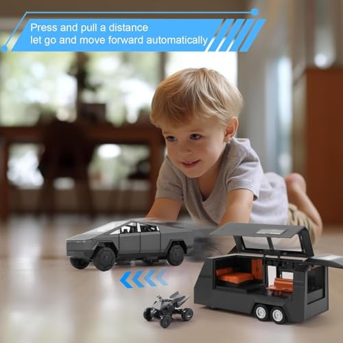 Image of Tesla Cyber Truck Pickup Trailer RV with Motorcycle 1:32 Model Car Alloy Metal Pull Back Die-cast Car Metal Toy car Openable Doors & Light Music Best Gifts Toys Kids【Colors as Per Stock】