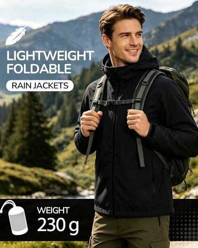 ACCNUO Men's Packable Rain Jacket Waterproof Lightweight Rain Coat with Hood,Breathable Mens Windbreaker for Outdoor Sports — view 6