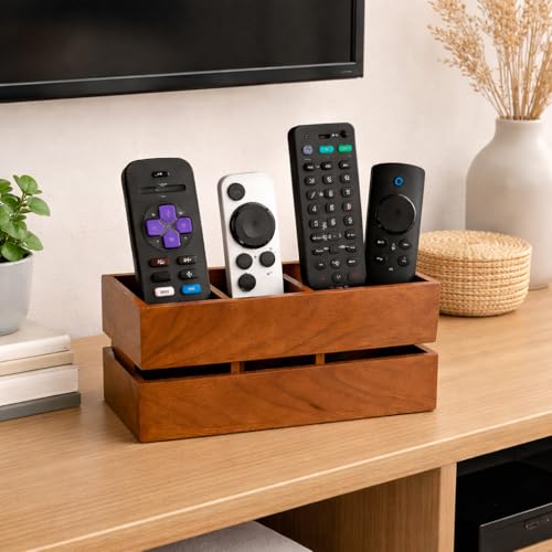 Image of Craft Expertise Wooden Remote Control Holder Stand for Living Room & Bedroom | 3 Compartment Remote Organizer for TV, Sofa & Side Table | Brown Wooden