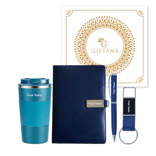 Image of Giftana Personalized Notebook Diary with Pen, Coffee Tumbler 510ml, Keychain Gift Set for Men and Women, 4 in 1 Personalized New Year Corporate Gifting for Employee, Birthday Gifts for Husband (Blue)