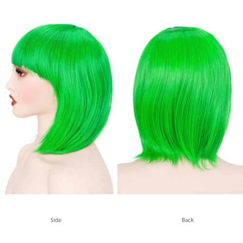 Image of Rose bud Grass Green Wig Bob Straight 12 Inch Short Hair Cosplay Wigs for Women Costume Party Halloween