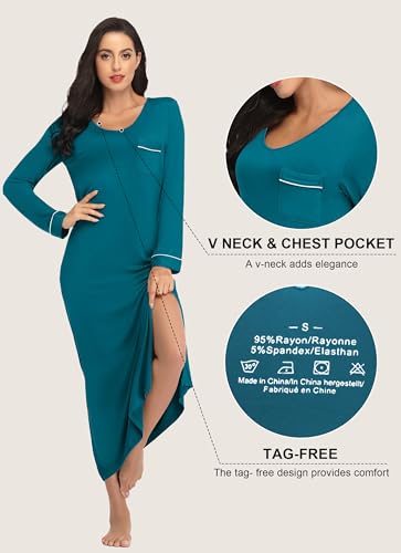 EA'S SECRET Nightgowns for Women Long Sleeve V Neck Nightshirts Soft Knit Sleepwear Full Length Loungewear with Pocket3