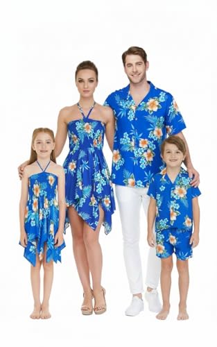 Image of Matchable Family Hawaiian Luau Men Women Girl Boy Clothes in Hibiscus Blue