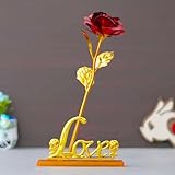 eCraftIndia Golden Red Rose Flower with Love Showpiece Rose Day Valentine Gift for Girlfriend Boyfriend Husband Wife Her Him Valentines Day Gift Valentine Day Decoration Items
