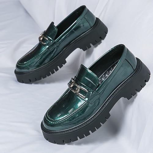 Men's Patent Leather Platform Slip-on Loafers,Fashion Round Toe Metal Decoration Non-Slip Thick Sole Business Dress Shoes Causal Party Wedding Prom Shoes3