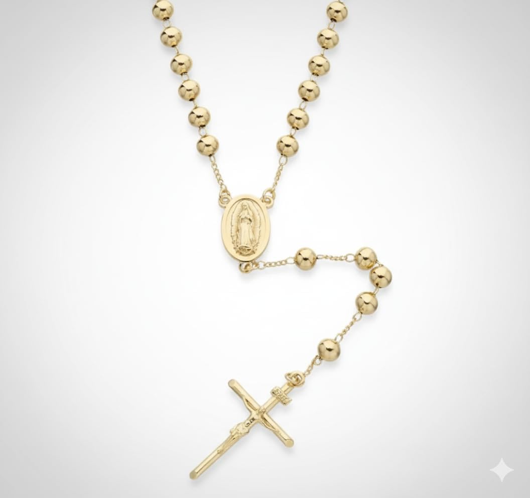 Catholic Rosary Pray Beads Necklace with Virgin Mary Medallion Cross Crucifix 14k Gold Plated Rosaries For Men and Women Communion Rosary Chain Rosarios Catolicos Medalla de Virgen de Guadalupe Oro Laminado - Image 2