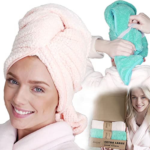 Leporem 2 Pack Extra Large (43 Inch X 30 Inch) Microfiber Towel - Unique Reversible Design With Dual Elastic Straps On Both Sides, Ultra Quick Dry Hair Towel For Curly, Long & Thick Hair #TOP6