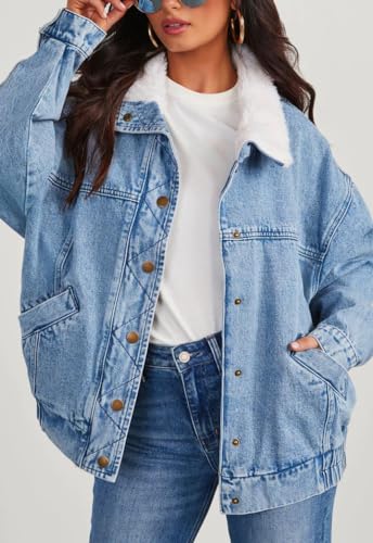 chouyatou Women's Warm Sherpa Collar Denim Jacket Faux Fur Collar Denim Coat Trucker Jacket3