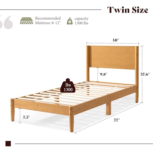 Image of AMERLIFE Solid Wood Twin Bed Frame, Mid Century Bed with Headboard, Natural | Platform Bed with Full Panel Headboard, Noise-Free & Cylindrical Legs, No Box Spring Needed, Under-Bed Storage