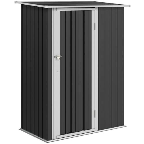 Outsunny Metall Gerätehaus 1,07 m² mit Schrägdach, 142 x 84 x 189 cm Geräteschuppen mit abschließbar Tür, Garten Schuppen, Gartenhaus Dunkelgrau