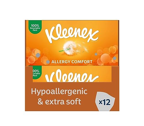 Kleenex Allergy Comfort Tissues - Pack of 12 Tissue Boxes- Hayfever Allergy Comfort Tissues - Extremely Gentle Tissues, Perfect for Hay Fever Symptoms