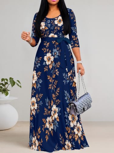 Image of PinkPatty Women's Plus Size Maxi Dresses Casual Flowy 3 /4 Sleeves Dress Printed Vacation Dress for Daily Wear with Belt