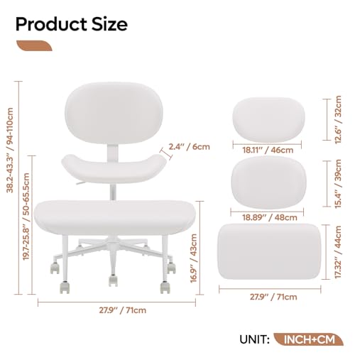 Image of Pinmoco Ergonomic Cross Legged Chair with Wheels - Adjustable Height Meditation & Yoga Chair for ADHD, Wide Criss Cross Design with Lumbar Support, PU Leather, White