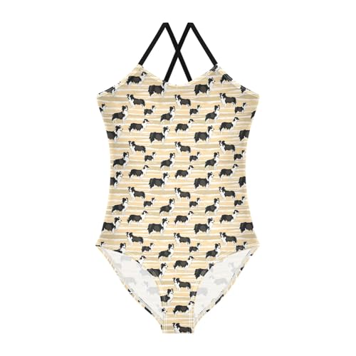 senya Girls Swimsuits One-Piece Swimwear Tie Bathing Suit Beach Summer Round Neck 5-6T Black White Dog Pattern