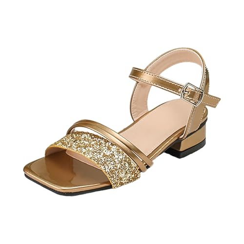 IWIHMIV Girls Dress Glitter Sequins Sandals Princess Low Heels Dress Shoes Square Toe Ankle Strap Party Sandals
