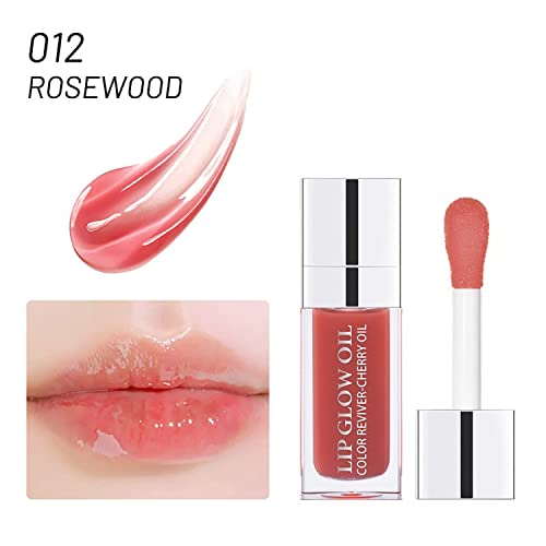 2Pcs Hydrating Lip Oil, Plumping Lip Gloss Lip Mask Transparent Toot Tinted Lip Oil, Nourishing Lip Glow Oil Lip Care Non-Sticky Big Brush Head Glitter Shine Primer Lip Tint Lacquer (012# Rosewood & 015# Cherry) #TOP1