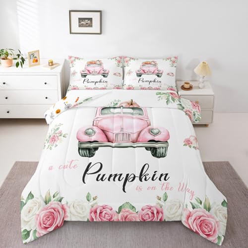 Homewish Rose Pumpkin Duvet Set King Fall Thanksgiving Day Bedding Set for Kids Toddler Girls,Watercolor Pink Floral Truck Coverless Duvet Autumn Green Leaves Quilted Bedding 3 Pcs, Microfiber Soft