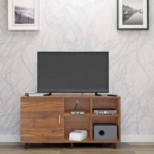 Image of VIKI Modern TV Unit for Living Room | Engineered Wood TV Cabinet with 1 Door Storage & 2 Open Shelves, Set Top Box Stand, Entertainment Unit, 140W x 74H x 40D cm | DIY | 1 Year Warranty (Walnut)
