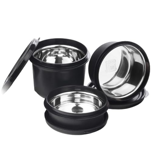 Image of PRESCO Stainless Steel Teso Container Set | Microwave Safe and Dishwasher Safe Food Storage Bowls with Airtight Lids | Leak-Resistant Lunch Bowls (Set of 3) (Black)