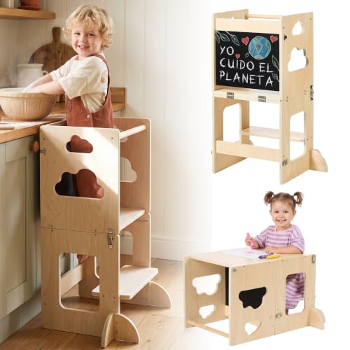KYWAI Torre de Aprendizaje Plegable Montessori Premium, Torre Aprendizaje Plegable 3 en 1: Convertible en Escritorio con Pizarra – Marca Comprometida con la Reforestación, Desde 1 Año
