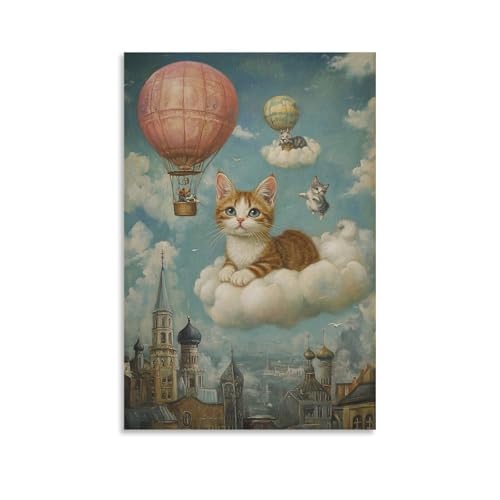 XGKJDS Squisita stampa artistica da parete su tela, poster con gatti surrealisti con gattini che volano in mongolfiera, decorazione moderna per la camera da letto, 60 x 90 cm