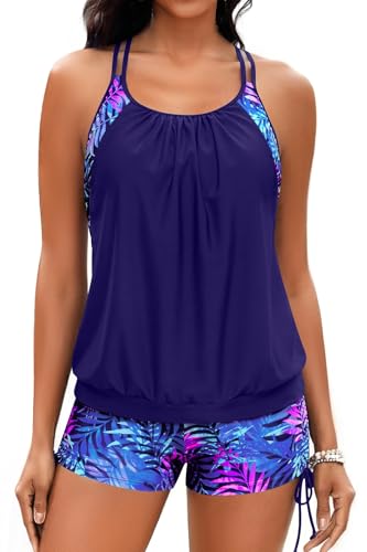 Image of Holipick Tankini Swimsuits Two Piece Tummy Control Bathing Suits Blouson Swim Tank Top with Boy Shorts