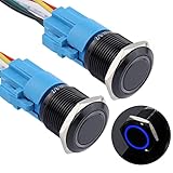 DMWD 19MM Momentary Push Button Switch 12V-24V LED Indicator 1NO 1NC Waterproof (ON) Off Black Metal Shell with Pre-Wired Socket Blue Light