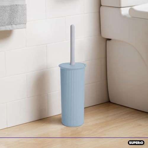 Image of Superio Ribbed Collection Toilet Bowl Brush and Holder Set, Decorative Plastic Bathroom Toilet Brush with Holder, Toilet Cleaner Scrubber, Stone Blue - 2 Pack