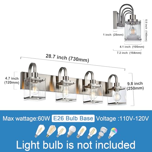 Image of Brushed Nickel Bathroom Light Fixtures, 4 -Light Vanity Lighting Fixture Over Mirror with Clear Glass Shade Wall Sconce Lighting for Mirror Kitchen Living Room Bedroom Hallway
