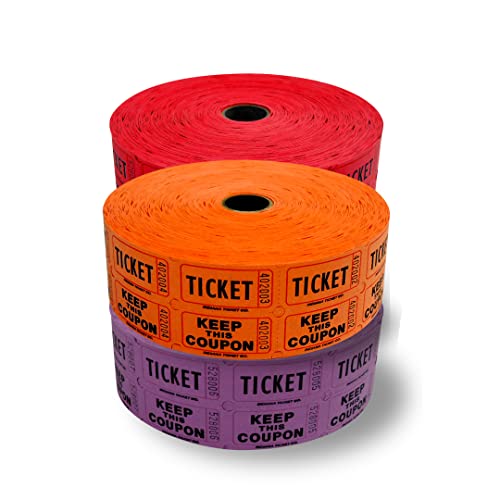 Raffle Tickets - 4 Rolls Of 2000 Double Tickets 8, 000 Total 50/Raffle Tickets Dark Assorted Colors Red, Blue, Purple, Orange #TOP1