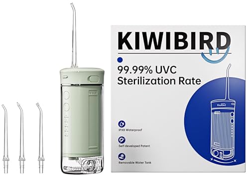 KIWIBIRD Mini-Wasserseide für Reisen, ultra-tragbare schnurlose Munddusche mit UVC-Licht, IPX8 wasserdicht, 3 Modi, 230 ml Zahnreiniger für die Pflege von Mandelsteinen und Zahnspangen – Zuhause &