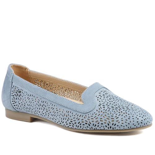 Image of Wide Fit Laser Cut Slip On Shoes - Light Blue Size 4
