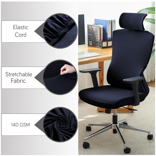 Image of HOKIPO 140 GSM Office Chair Cover with Headrest (High-Back) - 140 GSM Stretch Fabric - Washable, Anti-Slip Fit for Ergonomic Mesh Office Chairs, Midnight Blue (AR-6704-BL)