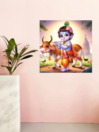 Image of Akki World Shree Bal Krishna With Cow God Wall Poster For Pooja Room, Bedroom, Kids Room, (Size - 46Cm X 46Cm)