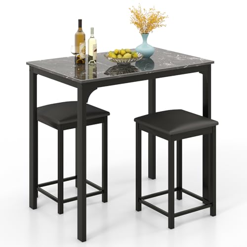 GOFLAME 3-Piece Dining Table Set for 2, Kitchen Counter Height Table and Chairs Set with Faux Marble Tabletop, Padded Stools, Modern Bar & Pub Table Set for Dining Room, Restaurant (Black)