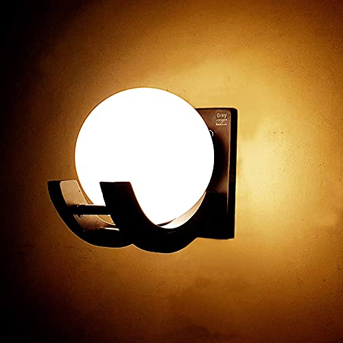 Image of Wooden Wall Lamp, Globe Shape, Dark Brown and White Frosted Glass Pack of 1
