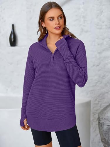 Image of PRETTYGARDEN Womens Long Sleeve Quarter Zip Pullover Sweater | Casual Loose V Neck Sweaters with Thumb Hole, Collared Ribbed Knit Jumper Tops, Oversized Tunic Tops, Fall Outfits 2026