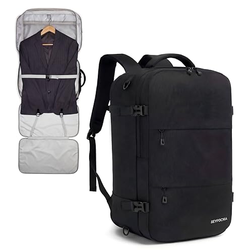 seyfocnia Convertible Travel Garment Bag Large Travel Backpack for Men & Women Business Laptop Backpack Carry On Luggage Personal Item Travel Bag Suit Bag With Multi-Pockets Black 22 inch